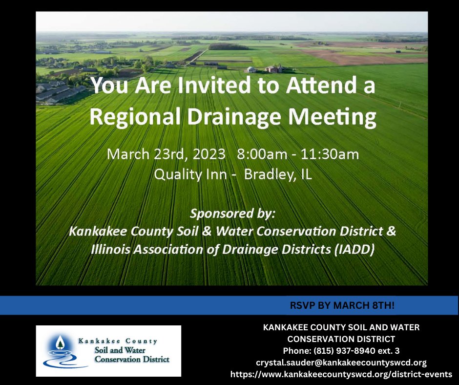 Join us for the Regional #Drainage Meeting on March 23rd!

Topics Will Include: #Conservation Drainage/Edge of Field Practices, Working with #Wind &amp; #Solar Farms, &amp; Drainage District Commissioner Responsibilities.

Free event &amp; breakfast will be provided. RSVP by March 8! #kcswcd