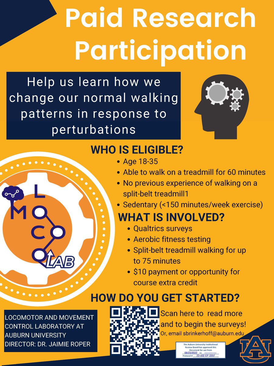 Our Locomotor and Movement Control Lab is seeking participants for a paid research story. Email sbrinkerhoff@auburn.edu if you are interested, or feel free to share with anyone who may want to participate.