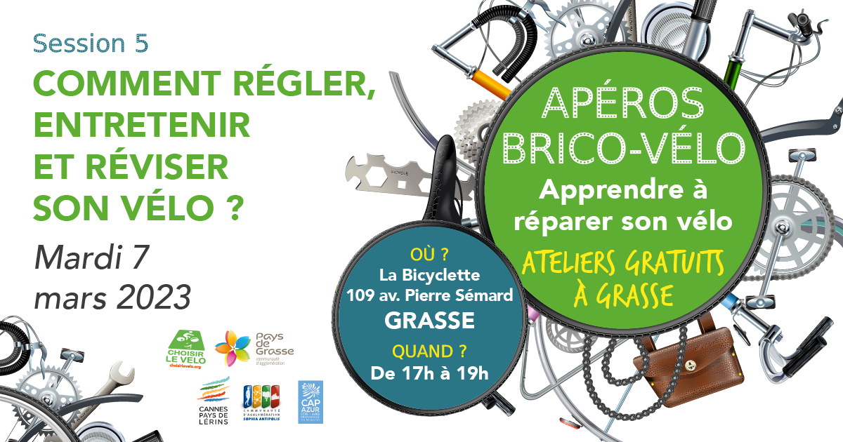 [AGENDA] Le prochain #Apéro brico-vélo c'est le mardi 7 mars à <a href="/villedegrasse/">Ville de Grasse</a>.⚙️"Comment régler, entretenir et réviser son #vélo ?" sera le thème de la soirée. Rejoignez-nous avec votre propre vélo et un petit quelque chose à grignoter ou à boire pour #partager #choisirlevelo