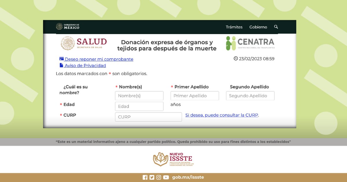 ISSSTE_mx's tweet photo. Si es tu voluntad ser persona donadora de órganos y tejidos al fallecer, regístrate en el Centro Nacional de Trasplantes llenando el formato que encontrarás en el siguiente enlace:
✍️ https://t.co/S55BXDSfZG
#DonaÓrganos ❤️ #DonaVida
#SaludParaTodos #YoSoyDonante https://t.co/YBiqEbra14
