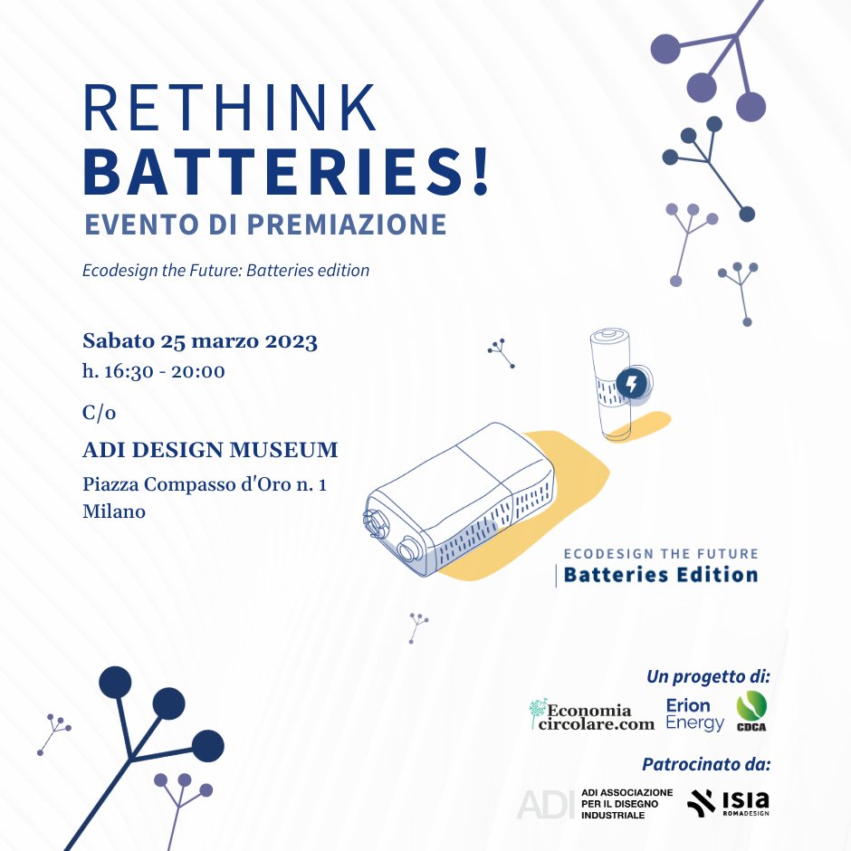 📆📆Il 25 Marzo presenteremo i concept dei 6 progetti sviluppati dalle ragazze e dai ragazzi che hanno partecipato alla seconda edizione del corso di alta formazione 🔋“Ecodesign The Future: Batteries Edition”
<a href="/ISIARomaDesign/">ISIA ROMA DESIGN</a> <a href="/ErionSistema/">Erion</a>
