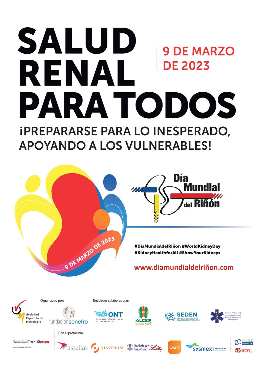 El próximo 9 de marzo se celebra el #DíaMundialdelRiñón bajo el lema “¡𝗣𝗿𝗲𝗽𝗮𝗿𝗮𝗿𝘀𝗲 𝗽𝗮𝗿𝗮 𝗹𝗼 𝗶𝗻𝗲𝘀𝗽𝗲𝗿𝗮𝗱𝗼, 𝗮𝗽𝗼𝘆𝗮𝗻𝗱𝗼 𝗮 𝗹𝗼𝘀 𝘃𝘂𝗹𝗻𝗲𝗿𝗮𝗯𝗹𝗲𝘀!”