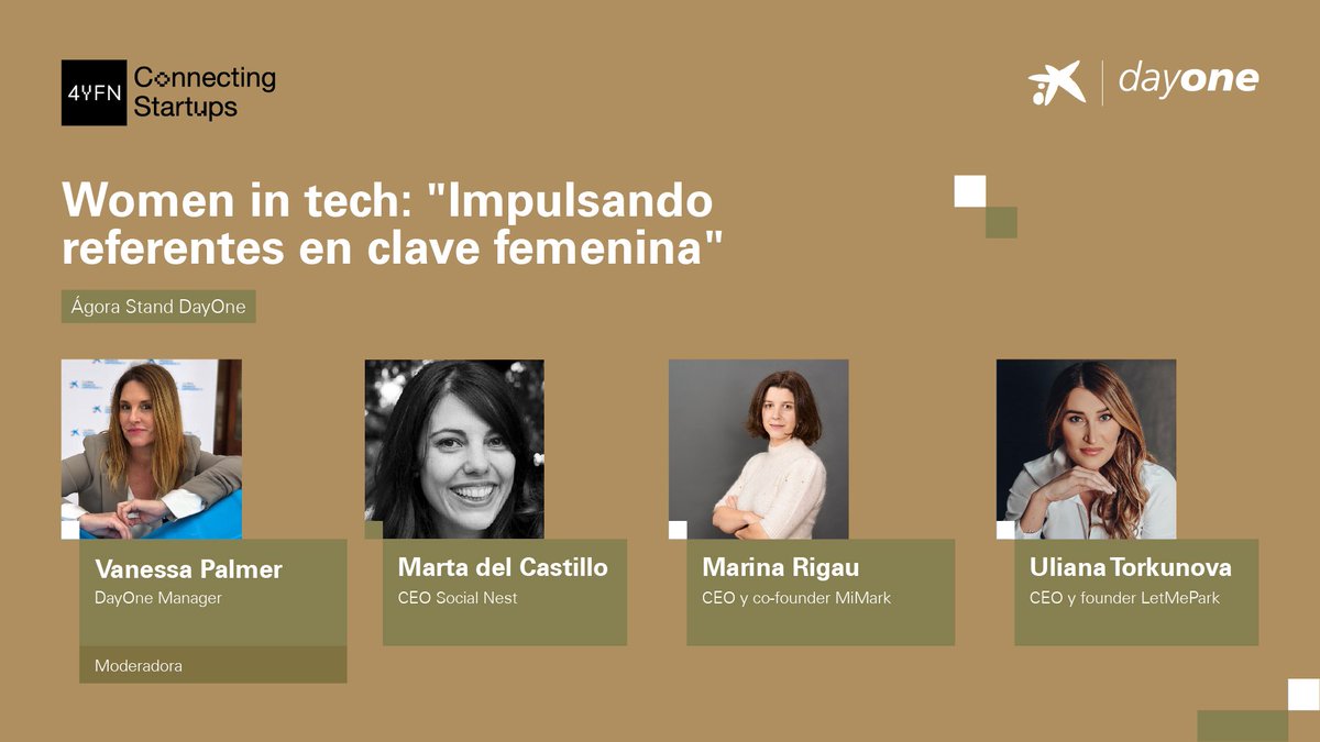 CaixaBank Connect (@cabk_connect) on Twitter photo Acogemos el última panel del día '#womenintech: impulsando referentes en clave femenina' 🤩. Contamos con <a href="/RigauMarina/">Marina Rigau</a> (<a href="/mimarkdx/">MiMARK Diagnostics</a>), <a href="/martacastillop/">Marta del Castillo</a> (<a href="/socialnest_org/">Social Nest Foundation | Making impact grow</a>) y <a href="/UlianaTorkunova/">Uliana Torkunova</a> (<a href="/LetMeParkSpain/">LetMePark</a>), junto a la moderadora <a href="/vpalmerbcn/">Vanessa Palmer</a> (#CaixaBankDayOne). #4YFN23 #MWC23 Acogemos el última panel del día '#womenintech: impulsando referentes en clave femenina' 🤩. Contamos con <a href="/RigauMarina/">Marina Rigau</a> (<a href="/mimarkdx/">MiMARK Diagnostics</a>), <a href="/martacastillop/">Marta del Castillo</a> (<a href="/socialnest_org/">Social Nest Foundation | Making impact grow</a>) y <a href="/UlianaTorkunova/">Uliana Torkunova</a> (<a href="/LetMeParkSpain/">LetMePark</a>), junto a la moderadora <a href="/vpalmerbcn/">Vanessa Palmer</a> (#CaixaBankDayOne). #4YFN23 #MWC23