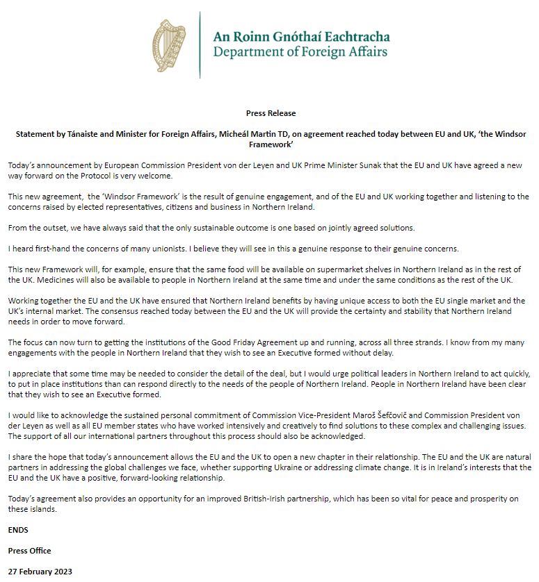 Today’s announcement of an agreement between the EU &amp; UK on the Protocol very welcome.

It's the result of genuine engagement and listening to concerns raised by citizens and business in NI - and paves the way for a new chapter in EU-UK relations amidst global challenges.  (1/2)