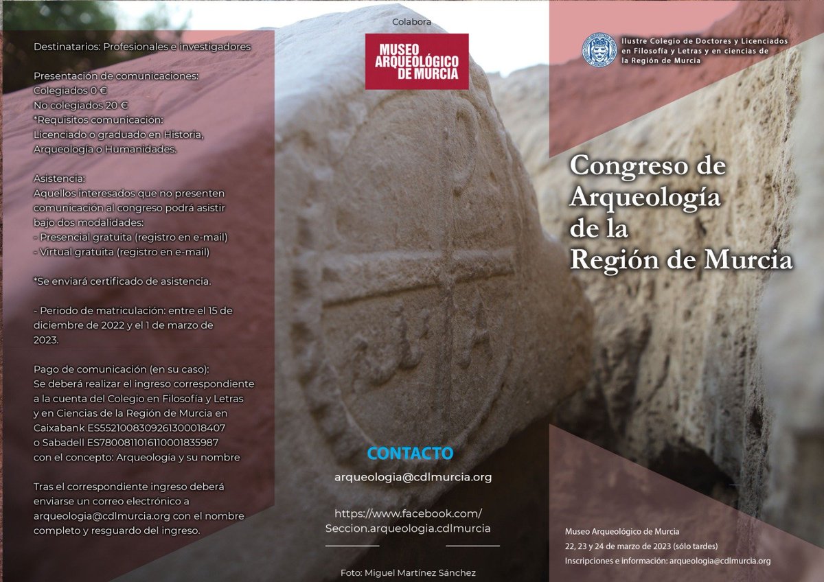🏺Os esperamos los días 22, 23 y 24 de marzo en el Museo Arqueológico de Murcia 🏦 en el Congreso de Arqueología de la Región de Murcia y la asistencia es gratuita a todos los participantes. Para la matrícula escribir a arqueologia@cdlmurcia.org