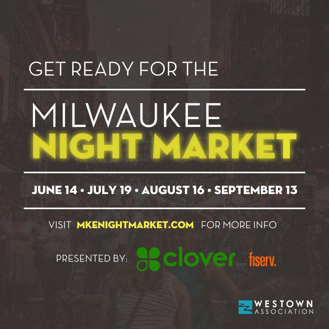mkenightmarket's tweet image. The Milwaukee #NightMarket returns to West Wisconsin Avenue on June 14, July 19, August 16 &amp;amp; September 13 🌙 @WestownAssoc is proud to announce @clovercommerce from @Fiserv as the presenting sponsor of this summer event! Read more here ➡️ loom.ly/KT_wsZM