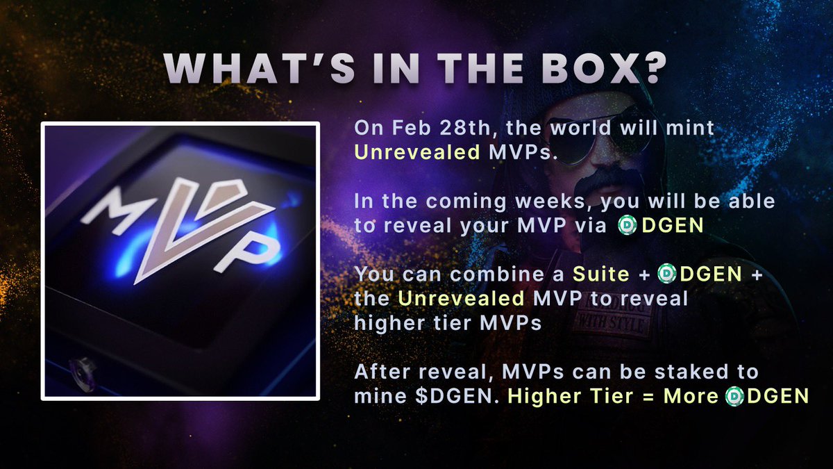 1️⃣ MVP’s Earn/Mine $DGEN

2️⃣ MVP’s fused with Suites can earn MORE $DGEN (burns Suite NFT in process, but don’t worry you can still use that Suite!)

3️⃣ What will you be able to do with all that more $DGEN? 

We will unveil the $DGEN roadmap tomorrow…