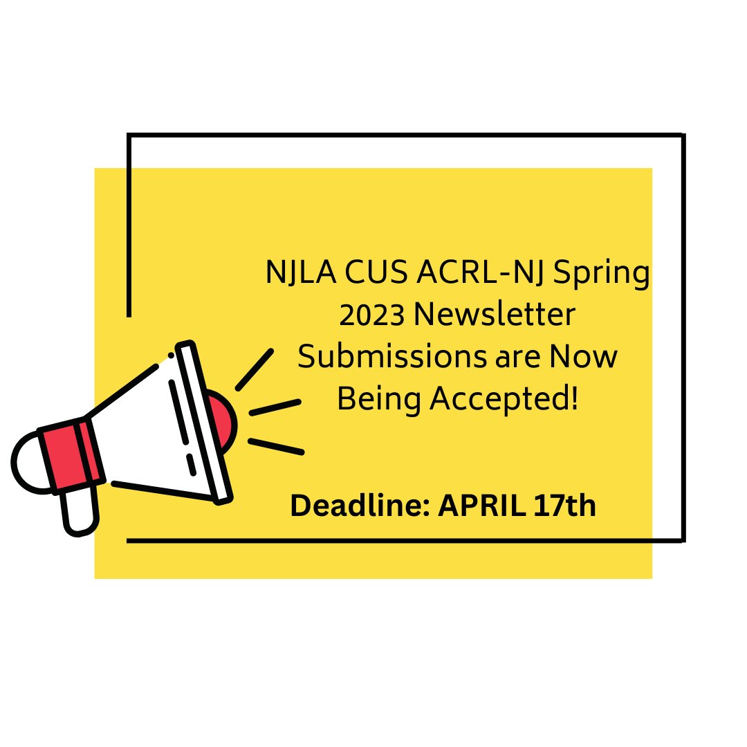 ACRL_NJ's tweet photo. Deadline for submissions is MONDAY, APRIL 17th.  The newsletter will be distributed on Monday, APRIL 24th.  
Please forward all submissions, questions, ideas, and suggestions for content to:

acrlnjnews@gmail.com

#acrlnjnewsletter https://t.co/8haFCzaOTP