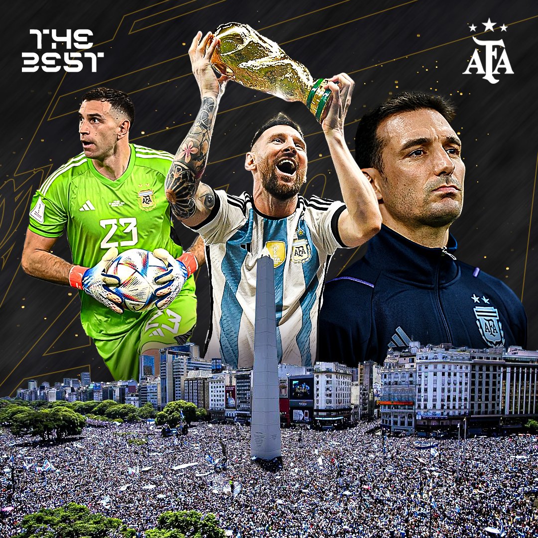 Argentina's tweet photo. Messi, Scaloni, Dibu Martínez y la hinchada Argentina compiten en la entrega de los premios The Best

📋https://t.co/vZfoASL5TG https://t.co/onB13KFcAE