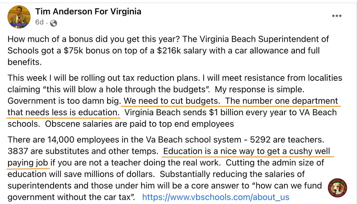 VirginiaHound's tweet photo. "We need to cut budgets. The number one department that needs less is education." - Del. Tim Anderson @AssocAnderson #VApols #VAleg #Virginia https://t.co/MeMPNMkD1Z