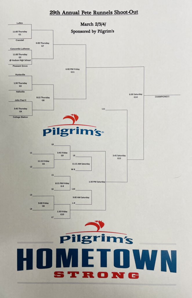 lufkinbaseball1's tweet photo. We have some great teams coming in this weekend for our 29th Annual Pete Runnels Shoot-out! 

Here is the “Old School” Double Elimination Bracket for Thursday, Friday, &amp; Saturday. 

Sponsored by Pilgrims! https://t.co/AsuMp0ZMM3