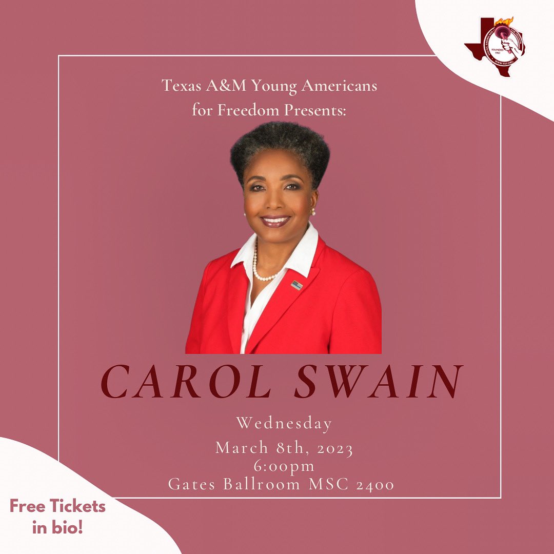 tamuyaf's tweet photo. Get ready! @carolmswain will be coming to speak at 6pm on Wednesday, March 8 in the MSC Gates Ballroom and we are very excited to host her!

🎟️Free tickets at https://t.co/P2l8YLJMru 🎟️ https://t.co/6p2XjWrdy4