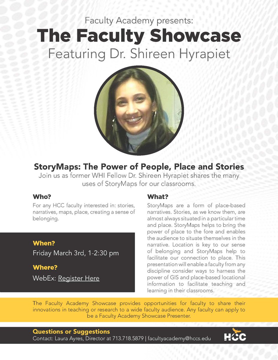 HCCAnthGeog's tweet photo. HCC Faculty are invited to register for the Online Faculty showcase on StoryMaps. Friday, March 3 at 1:00pm. Learn an innovative, interactive way to display data and tell your story with Dr. Shireen Hyrapiet @Hyrapiet Register here https://t.co/UpYKKynU2Q https://t.co/nJbz341YRm