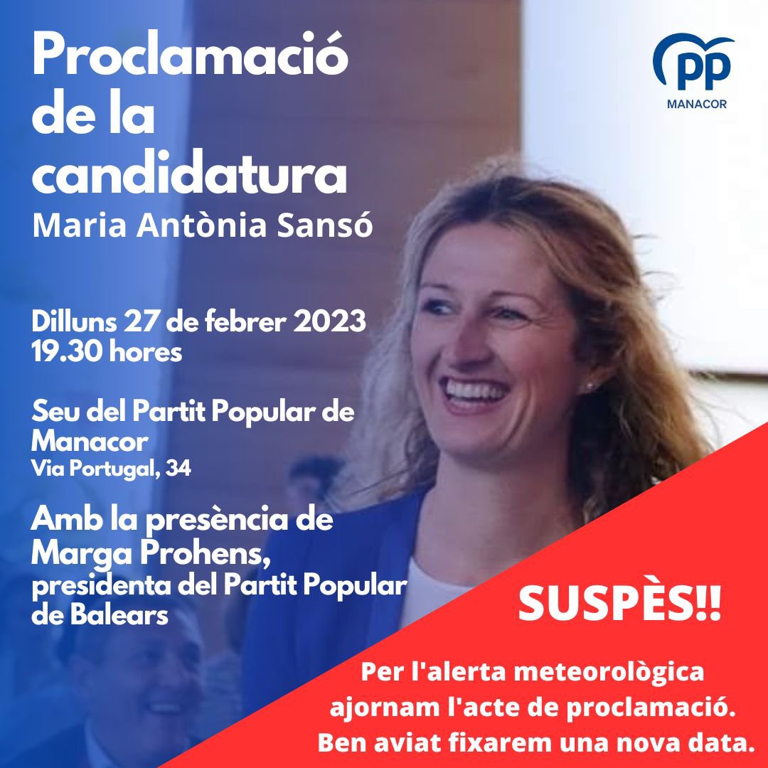 ManacorPp's tweet image. ❄️🌨️Per responsabilitat davant l’alerta meteorològica hem decidit suspendre l’acte de proclamació previst per avui.

La nova data serà el dijous 2 de març a les 19.30 hores a la seu del Partir Popular de Manacor.

#PartitPopular #PartitPopularManacor