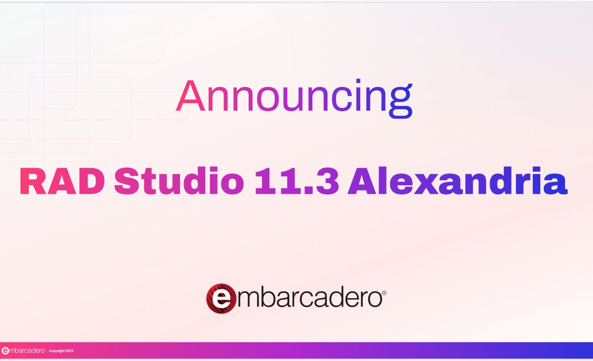 marcocantu's tweet image. Blog Post: "Announcing the Availability of RAD Studio 11.3 Alexandria" at blogs.embarcadero.com/announcing-the…  #Delphi #CppBuilder @EmbarcaderoTech