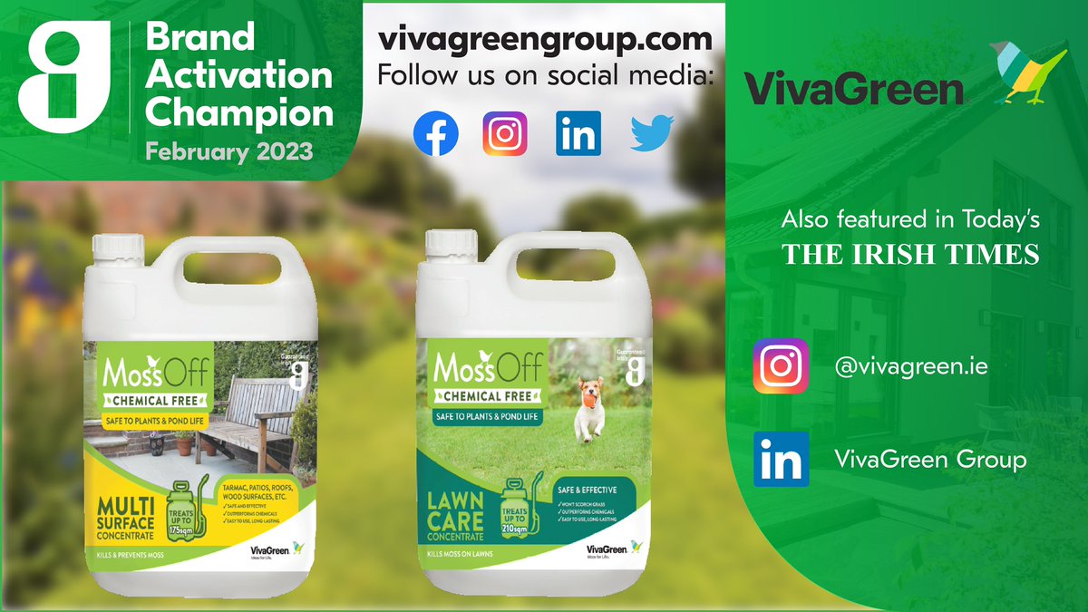 VivaGreenGroup's tweet photo. Did you spot us in today’s @IrishTimes? We are thrilled to be awarded Guaranteed Irish Brand Activation Champion for February 2023. 🙌 
Thank you @guaranteed_irl! 

#VivaGreen #TruEco #MossOffChemicalFree https://t.co/BhxpxJuoIA