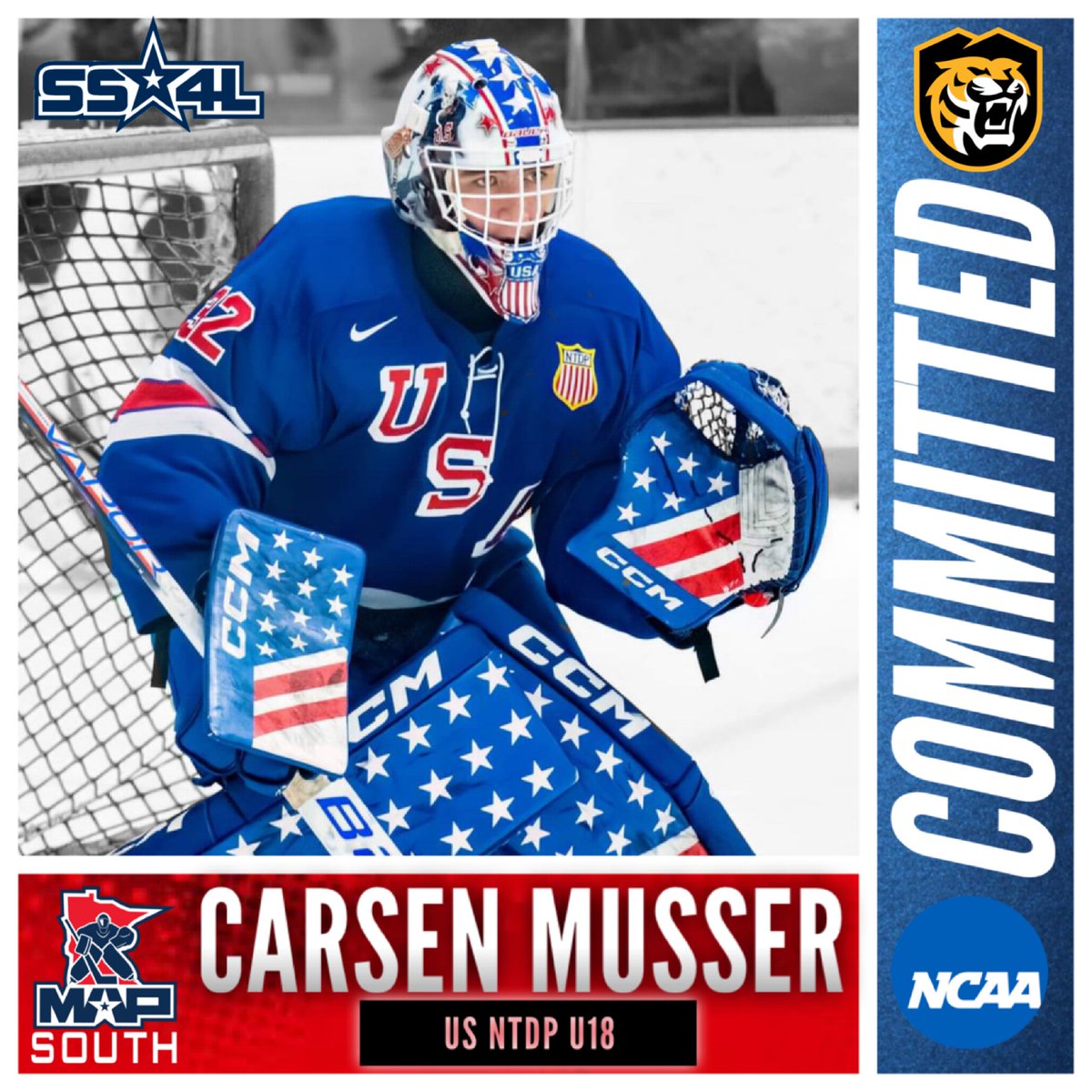 TIGER KING: <a href="/USAHockeyNTDP/">USA Hockey’s NTDP</a> ‘05 goaltender <a href="/MusserCarsen/">Carsen Musser</a> has committed to play at <a href="/CCTigerHKY/">CC Hockey</a>. 🐯 

Carsen’s game has been on a steady ascension for several years due to his work ethic &amp; dedication. He will be a major difference maker between the pipes for the Tigers. #SS4L
