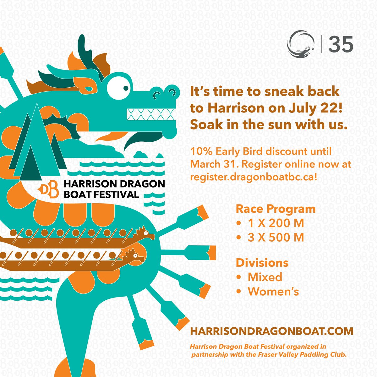 While the weather still cold, paddling season is almost here! We're partnering with Fraser Valley Paddling Club to bring the #HarrisonDragonBoatFestival back for the first time since 2019!

Take 10% off registration until March 31, only at register.dragonboatbc.ca! #dragonboat
