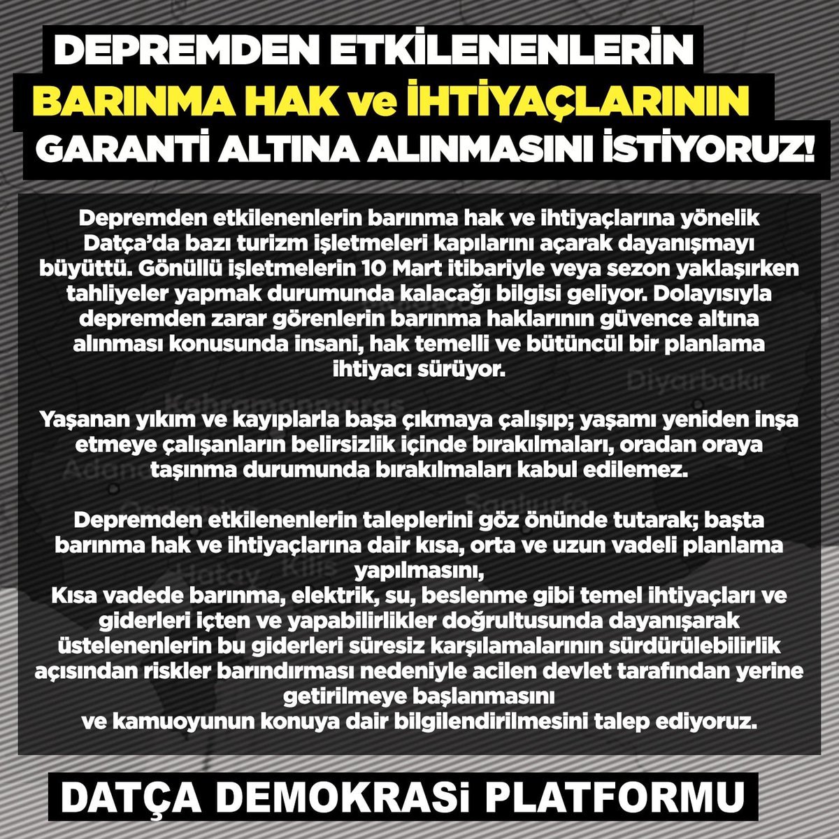 📢 Depremden etkilenenlerin barınma hak ve ihtiyaçlarının garanti altına alınmasını istiyoruz!
... Yaşanan yıkım ve kayıplarla başa çıkmaya çalışıp; yaşamı yeniden inşa etmeye çalışanların belirsizlik içinde ve oradan oraya taşınma durumunda bırakılmaları kabul edilemez📌