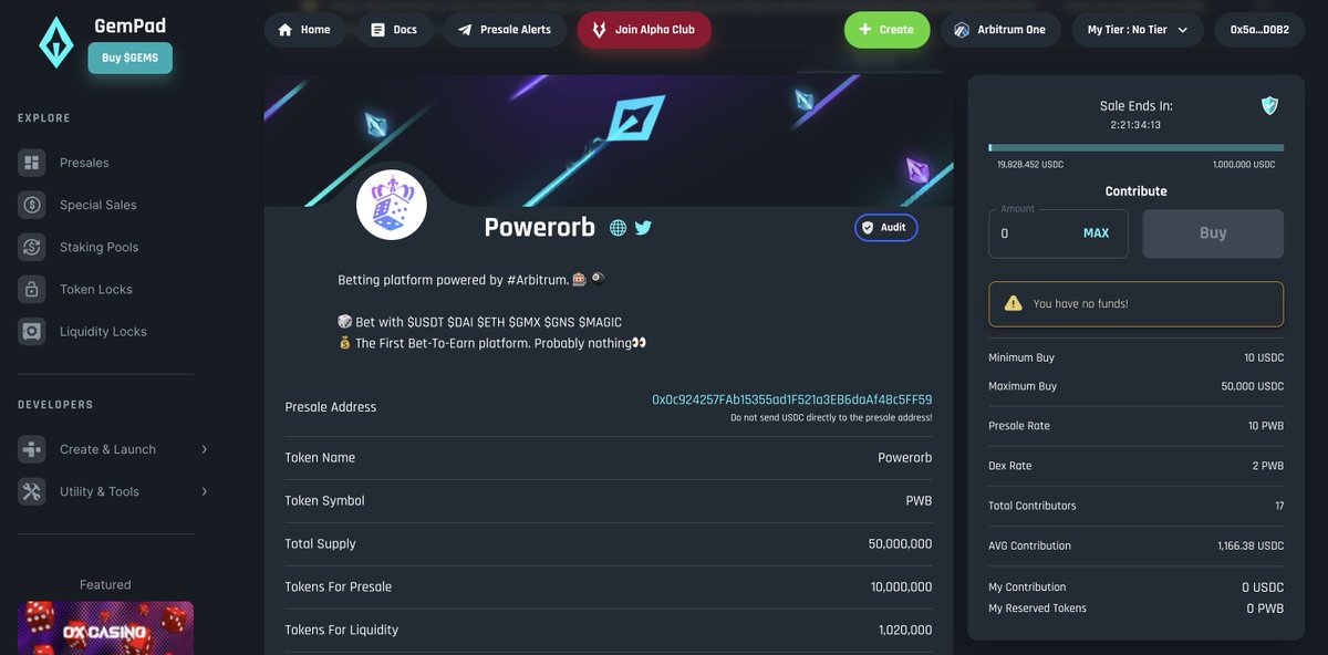 SwarmPad's tweet photo. 🎉We’ve already raised 20k in 2HR thanks to our earliest 17 contributors!
👀The sale will continue for another 70HR, make sure you grab one and share with your #arbitrum frenz about #Powerorb, the first betting platform that brings DeFi to gambling! #BetToEarn
LFG🚀 #IDO https://t.co/bjOldoiUuR