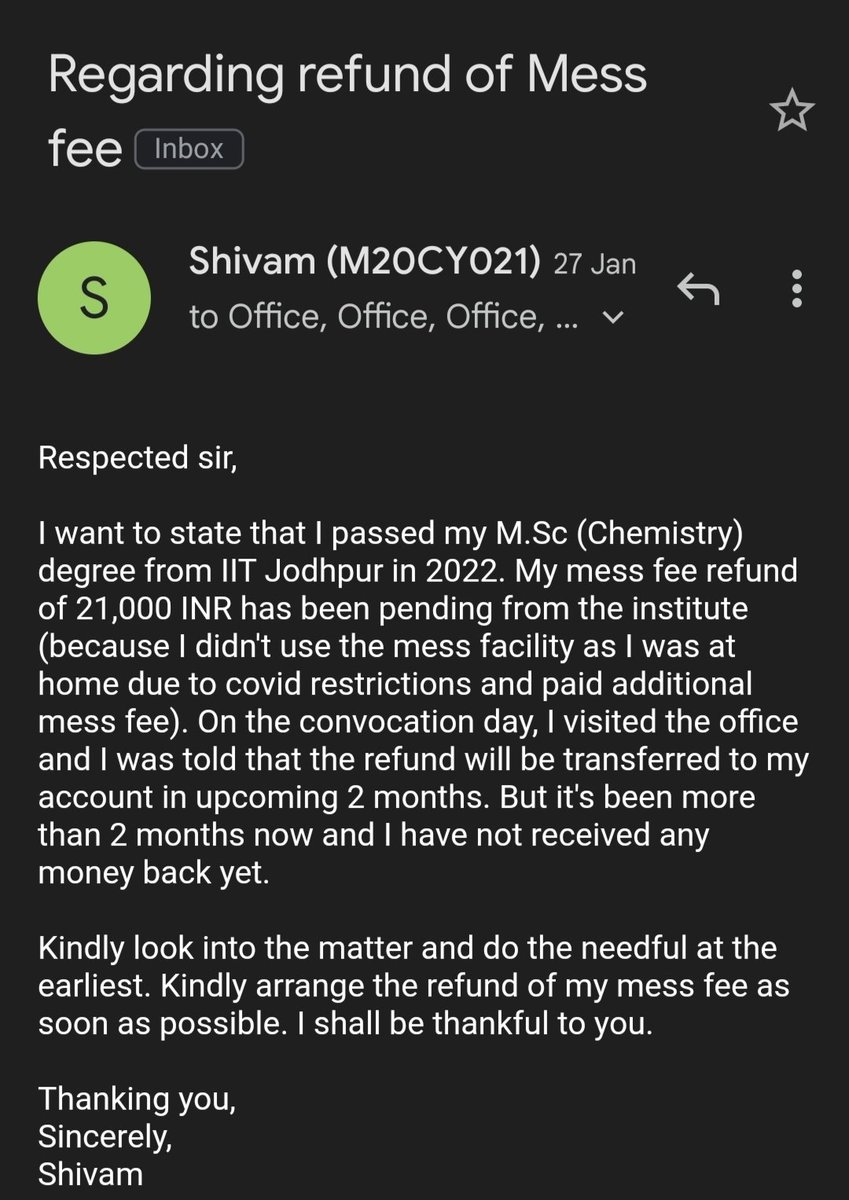 bansalshivam65's tweet photo. @dpradhanbjp @iitjodhpur #help Respected HRD minister sir, 
I e-mailed to my college (IIT Jodhpur) for mess fee refund over a month ago, neither a satisfactory reply nor the refund has been received till date. Kindly look into the matter and facilitate the refund process asap! https://t.co/SQwcn1LCVj