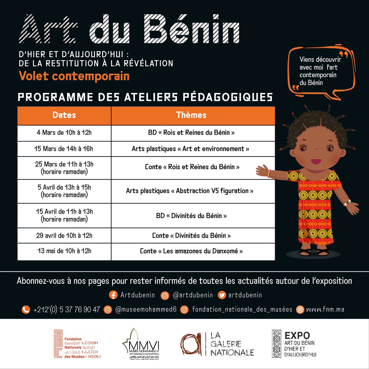artdubenin's tweet photo. En marge de l'exposition “Art du Bénin d'hier et d'aujourd'hui : de la restitution à la révélation. Volet contemporain”, le @museemohammed6 organise des ateliers pédagogiques pour les enfants de 6 à 12 ans. https://t.co/IRHMzbr9Lp