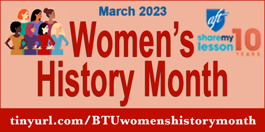 March is Women's History Month. The <a href="/AFTunion/">AFT</a>'s <a href="/sharemylesson/">ShareMyLesson</a> initiative has excellent resources and lesson plans for all grade levels.  tinyurl.com/BTUwomenshisto…
<a href="/NEAToday/">NEA</a> <a href="/FloridaEA/">Florida Education Association</a> <a href="/browardschools/">Broward Schools</a>