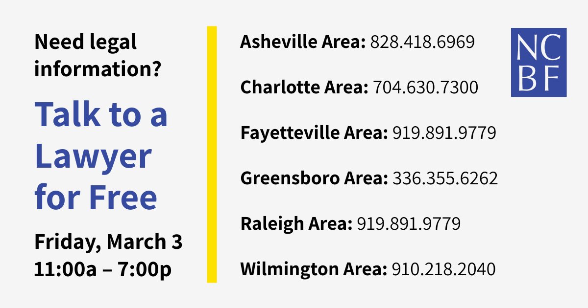 Have a North Carolina legal question? Get your answer this Friday, March 3, by calling the 4ALL Service Day phone bank from 11a.m. – 7 p.m. 📞