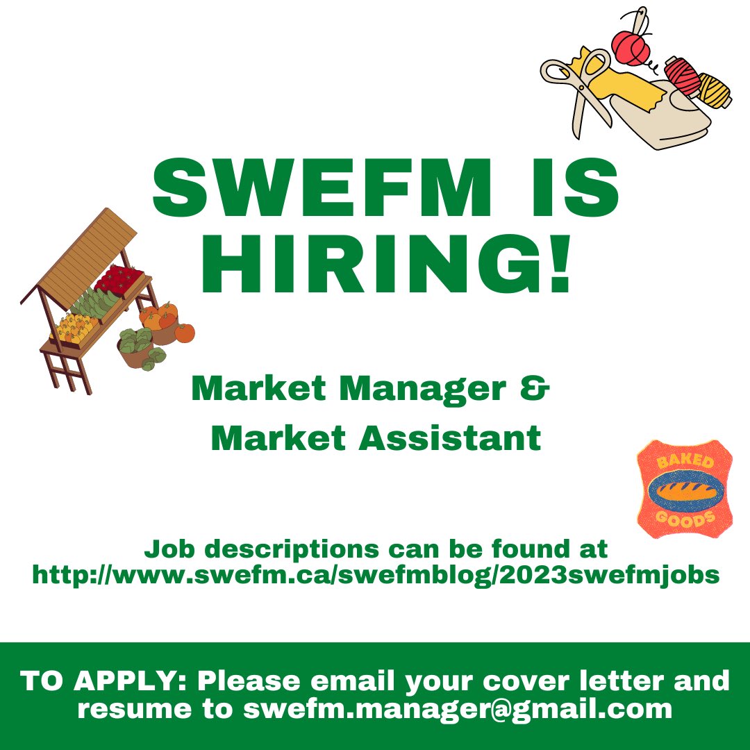 ✨LAST CALL ✨
TOMORROW is the LAST day to apply for our Market Manager position. If you are a hard-working person with an interest in supporting local businesses and communities, this is a job for you! Apply by emailing a cover letter and resume to swefm.manager@gmail.com.