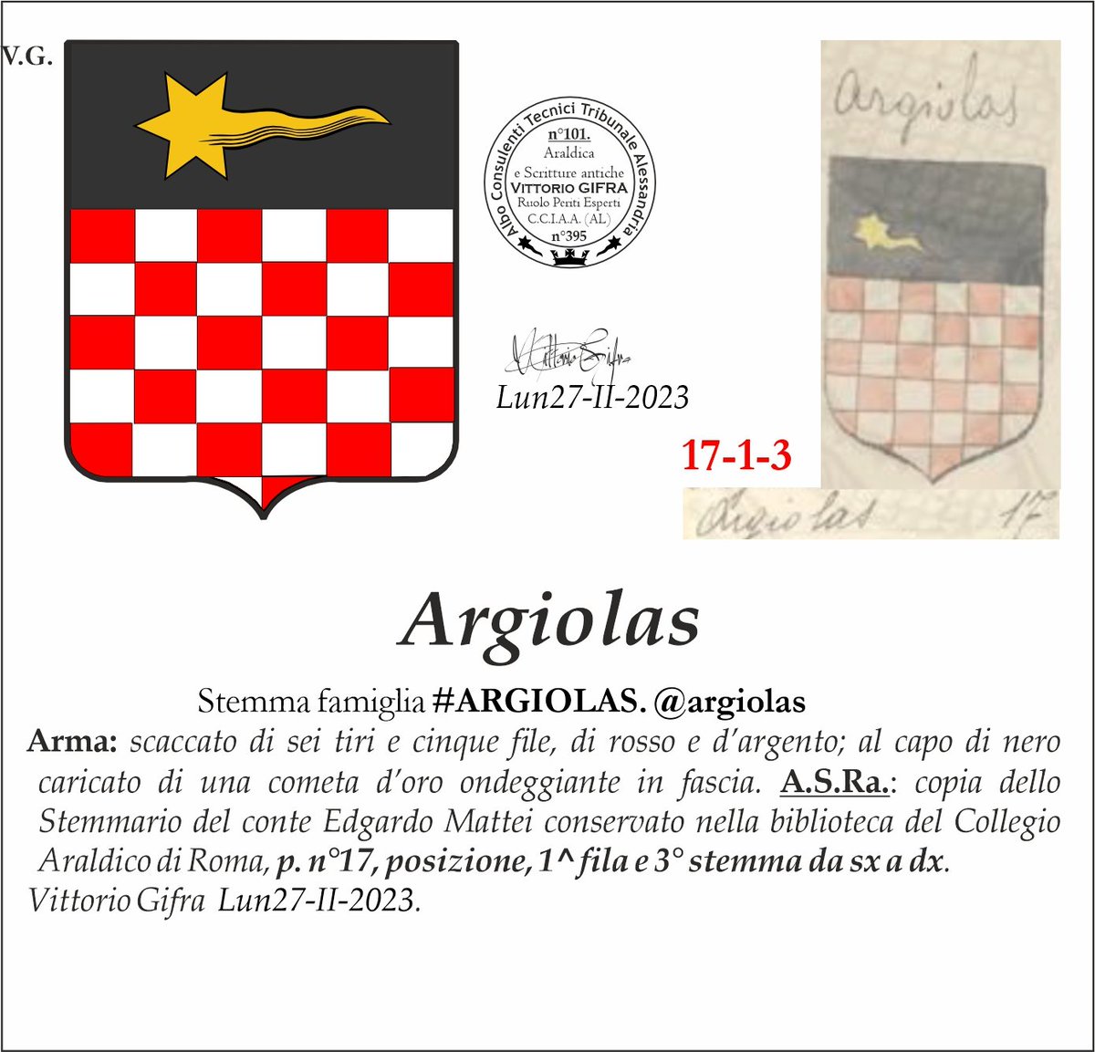 VGIFRA's tweet photo. Stemma famiglia #ARGIOLAS. @argiolas
A.S.Ra.: copia dello Stemmario del conte Edgardo Mattei conservato nella biblioteca del Collegio Araldico di Roma, p. n°17, posizione, 1^ fila e 3° stemma da sx a dx. Vittorio Gifra Lun27-II-2023. https://t.co/yjIMERcDwm
