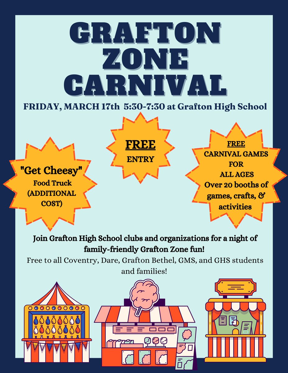 Come one! Come all! To the FREE Grafton Zone Carnival on March 17th from 5:30 to 7:30 at Grafton High School!