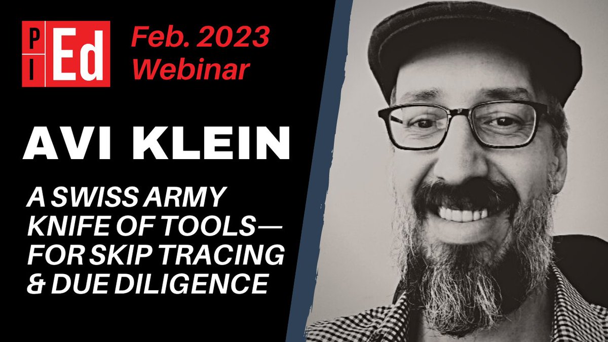 pieducation's tweet photo. Join our free webinar tomorrow (2/28) @ 3:30pm CT. @FINDPI will ask @aviklein about the "Swiss army knife of tools" he deploys for skip tracing and due diligence investigations. It's gonna be a great one! 

Link: https://t.co/gCOBcIHhkE https://t.co/o1BphaMVjq