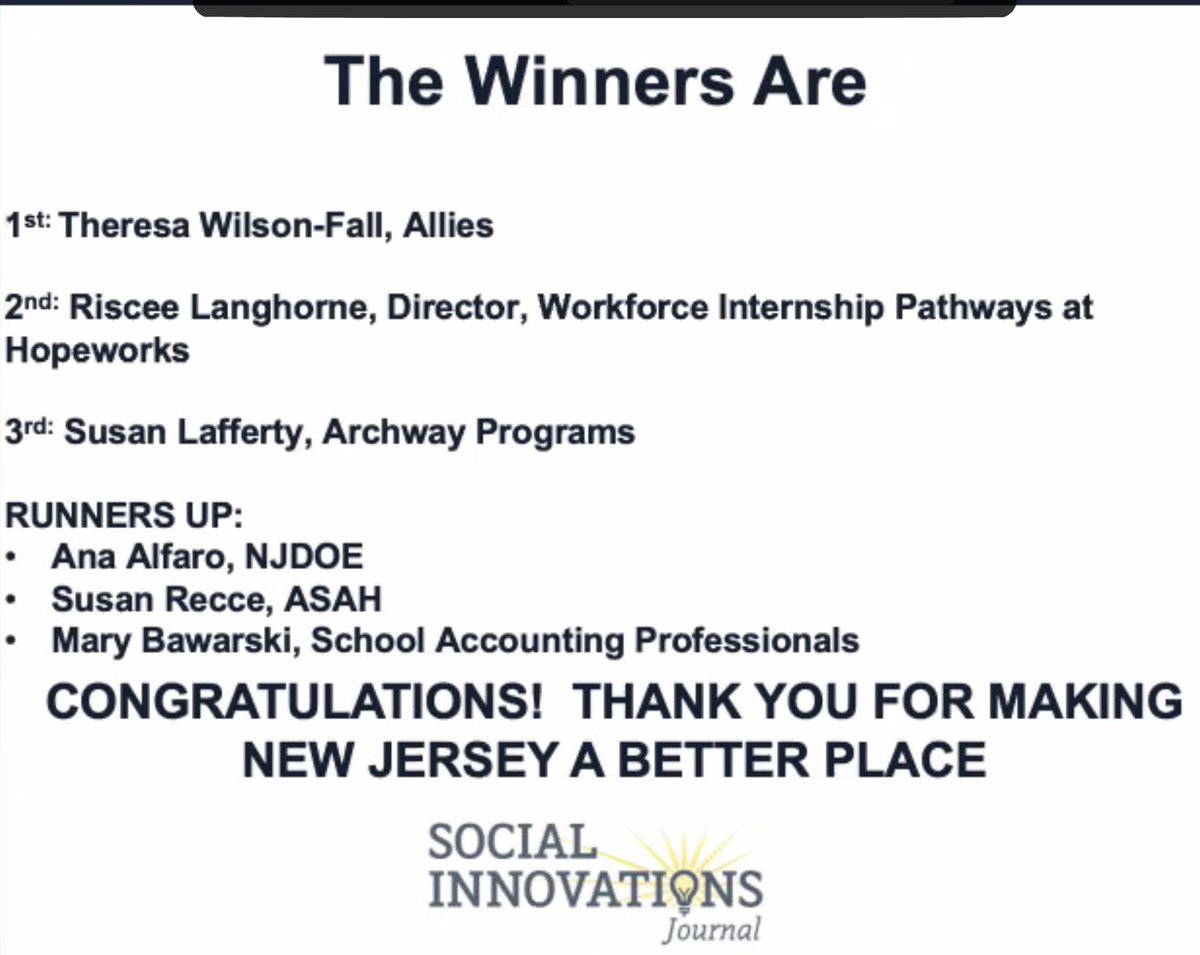 Huge congratulations to our Director of WIP, Riscee Langhorne on winning 2nd place in this year's New Jersey Social Innovation Awards!

Please take a moment to congratulate Riscee on this accomplishment, she has worked incredibly hard to make this happen 🎉🎉🎉