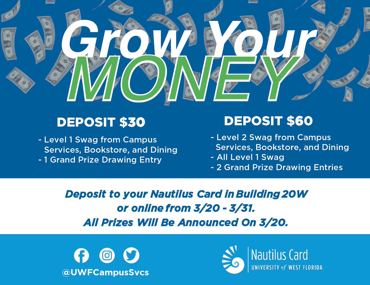Your Nautilus Card can make your money grow! Reap free rewards by making a deposit on your card between March 20 and March 31. Whether you deposit online or in-person in the Nautilus Card Office, you are eligible for prizes when you put $30 or $60 worth of ARGObucks on your card.