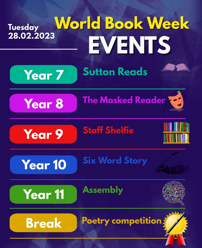 SuttonAcademy's tweet photo. World Book Week kicked off in style this morning with all year groups taking part in World Book Week activities in tutor time and throughout the day. Here is a look at tomorrow's activities! #IAmAReader #SuttonReads #WorldBookWeek https://t.co/ztvagApx6W