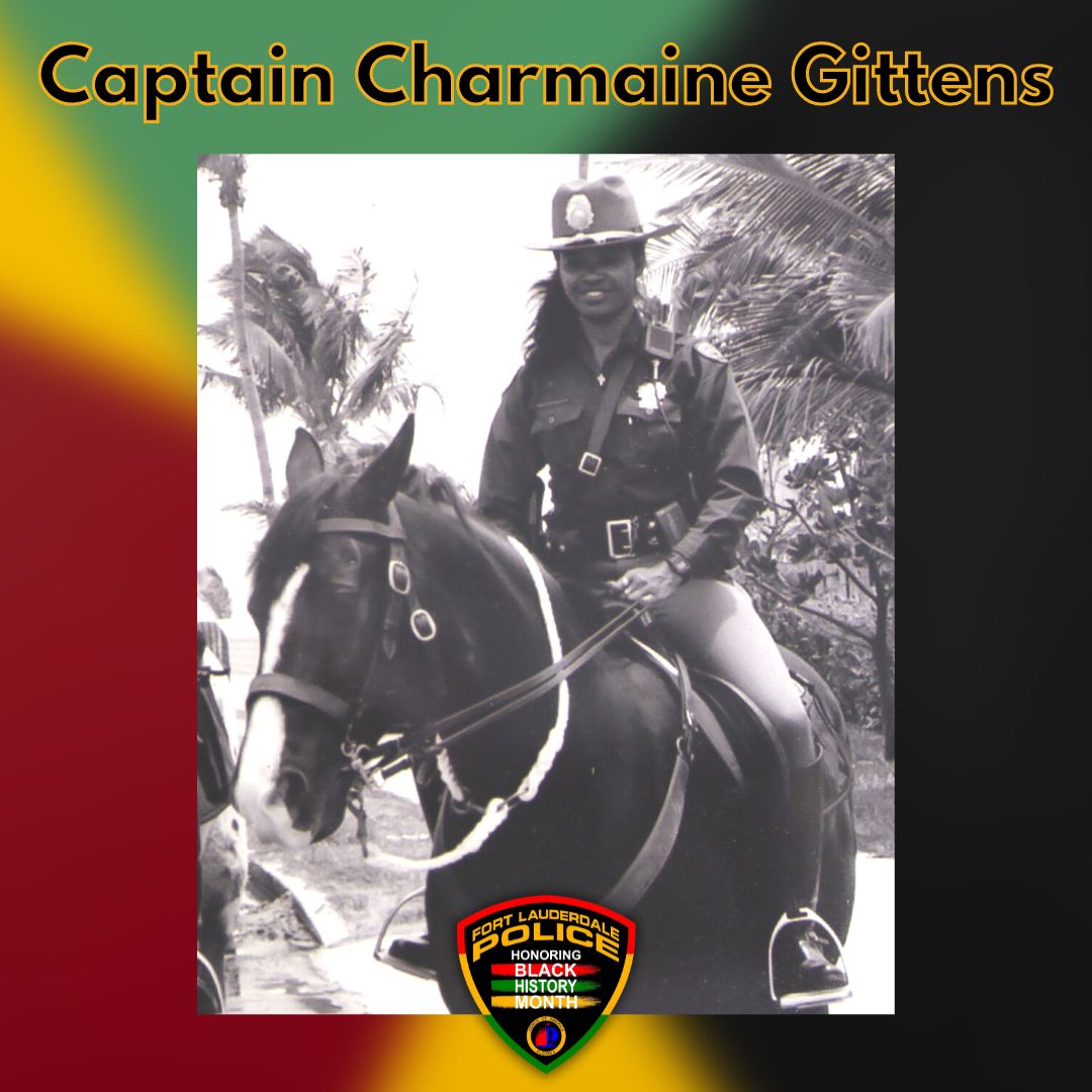 ftlauderdalepd's tweet photo. Today's #BlackHistoryMonth post features Charmaine Gittens who was the first Black female #FLPDMounted officer! How's that for some #MondayMotivation?! She began her career with #FLPD in 1984 and retired as a captain in 2006. @FTLCityNews #FLPDProud https://t.co/Q4RoUVXcjW