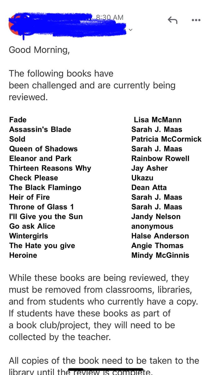 Good morning from @kellerisd in TX where our school board is forcing teachers &amp; librarians to literally take books away from students as they read them! As a reminder,these are books that exist on library shelves,not required reading.  <a href="/angiecthomas/">Angie Thomas</a> <a href="/DeanAtta/">Dean Atta</a> <a href="/ngoziu/">ngoziu</a> <a href="/jandynelson/">Jandy Nelson</a>