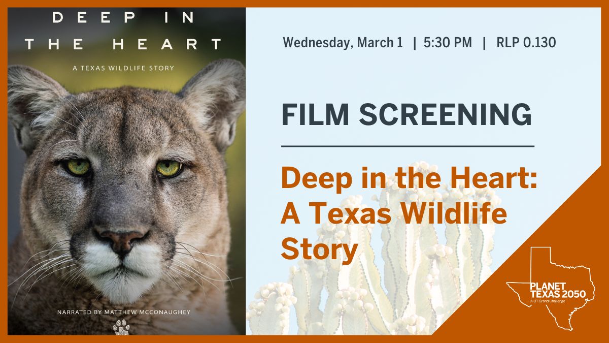 Reminder: register now to attend Deep in the Heart film screening as part of <a href="/Planet_TX/">Planet Texas 2050</a> Symposium! See #resilience research in action, and see our relationship with nature in Texas. 

To register: bit.ly/3S2a0bL 
#TexasResearch #Climate