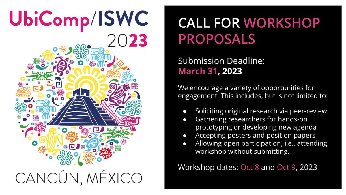 🚀 Workshops help chart the future of our field. The deadline is a month away!

In 2019, we had 15 different workshops! Last year, themes included wellbeing, earables, education,  and VR/AR. What's next for #UbiComp2023 #ISWC2023?

🐦 RTs appreciated
Info: ubicomp.org/ubicomp-iswc-2…