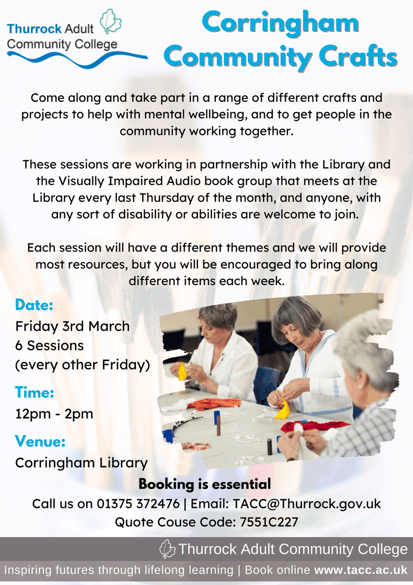 thurrockACC's tweet photo. Join us at Corrigham Library on Friday 3rd March, 12pm - 2pm, for our Corrigham Community Crafts session!
To enrol call us on 01375 372476 π¨
#learninginthecommunity #lovelearning #Teamtacc #crafts https://t.co/2LFjjKEGHj