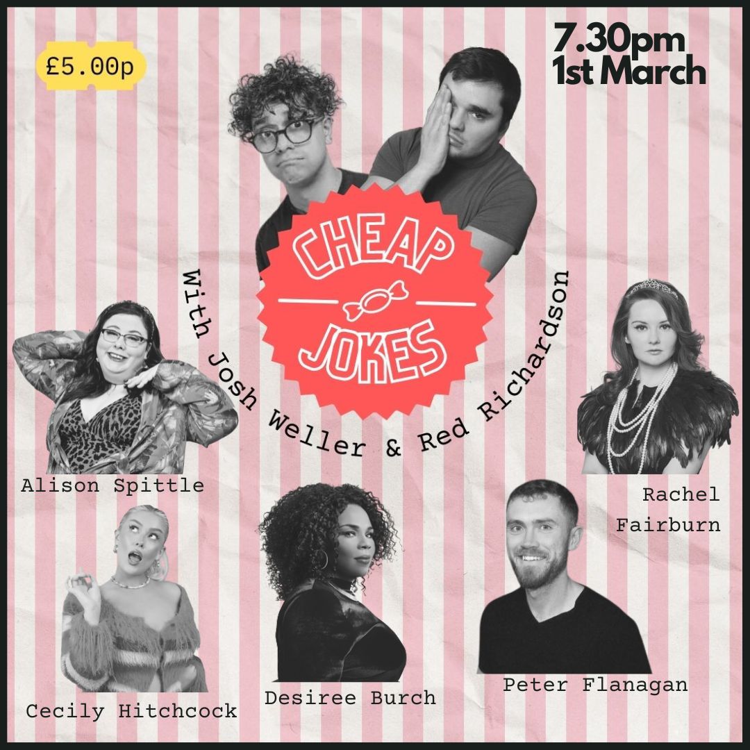 Camden Comedy Club (@camdencomedy) on Twitter photo Coming up this week 😍
Cheap Jokes ft. <a href="/AlisonSpittle/">Alison Spittle</a> <a href="/cechitch/">Cecily Hitchcock</a> <a href="/destheray/">Desiree Burch</a> <a href="/peterflanagan/">Peter Flanagan</a> <a href="/RachelFairburn/">Rachel Fairburn</a> and hosted by @joshweller & <a href="/redrichardson1/">Red Richardson</a>
🎟️listings.camdencomedyclub.com Coming up this week 😍
Cheap Jokes ft. <a href="/AlisonSpittle/">Alison Spittle</a> <a href="/cechitch/">Cecily Hitchcock</a> <a href="/destheray/">Desiree Burch</a> <a href="/peterflanagan/">Peter Flanagan</a> <a href="/RachelFairburn/">Rachel Fairburn</a> and hosted by @joshweller & <a href="/redrichardson1/">Red Richardson</a>
🎟️listings.camdencomedyclub.com