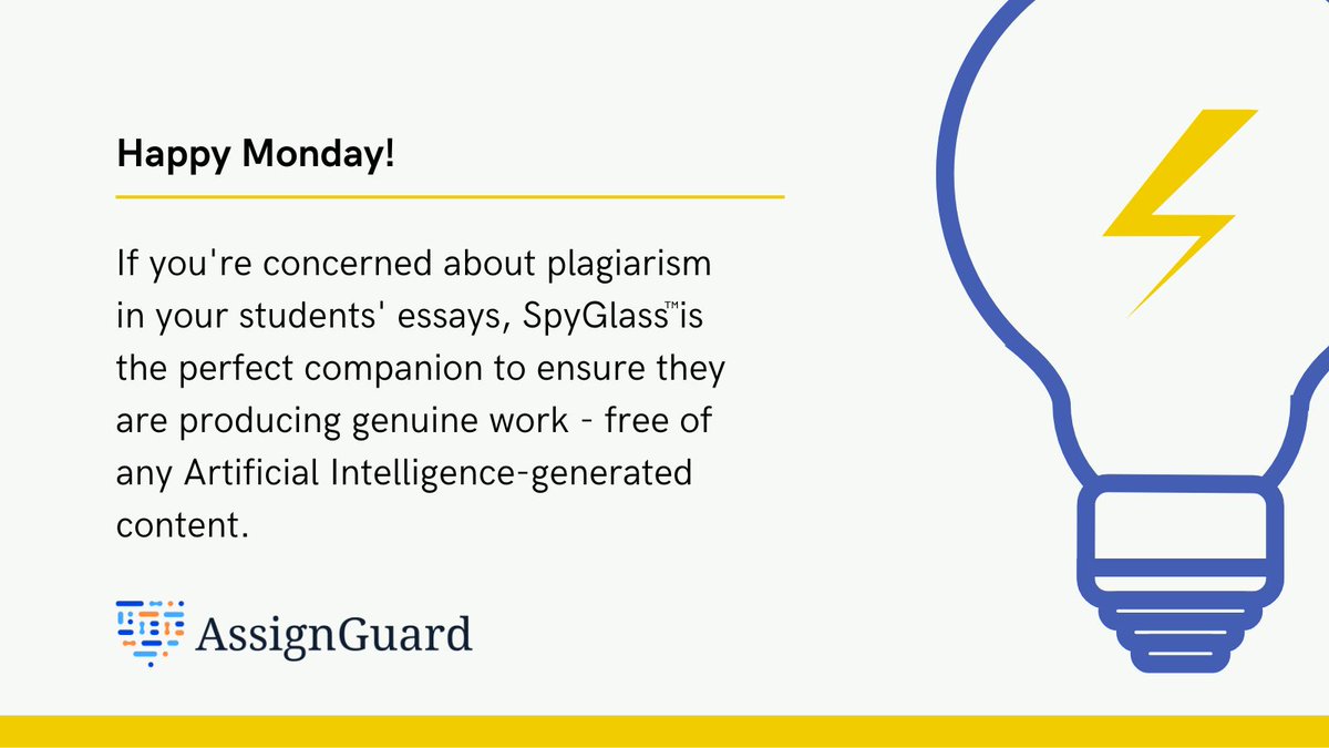 instructifyai's tweet image. If you're concerned about plagiarism in your students' essays, SpyGlassTM is the perfect companion to ensure they are producing genuine work - free of any Artificial Intelligence-generated content.
assignguard.com
#AI #ContentDetection #SpyGlass