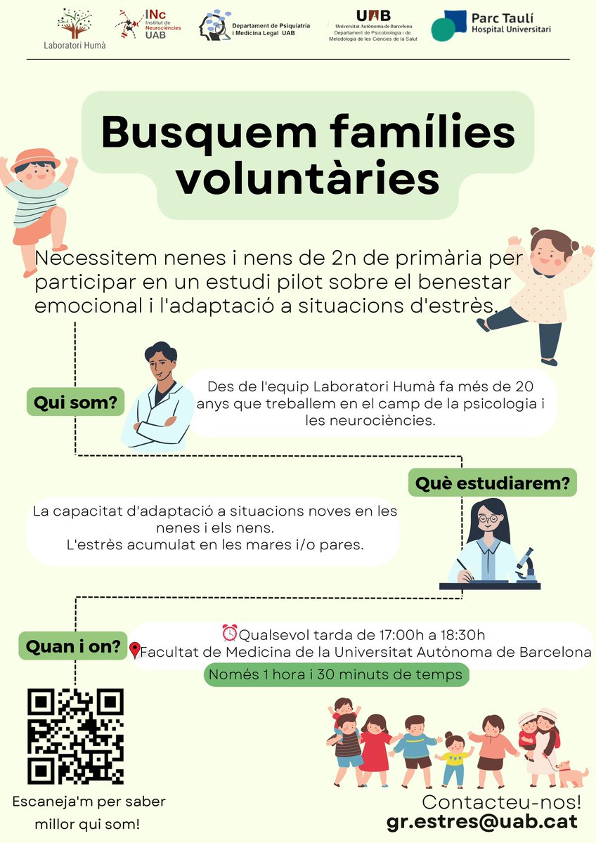 ✅ Cerquem #famílies voluntàries per un estudi en #infants de segon de Primària sobre la capacitat d’#adaptacio en situacions noves.
❎ Vols participar en un estudi científic a la <a href="/UABBarcelona/">Universitat Autònoma de Barcelona</a>??
🟢 T’esperem 💪🏽💪🏽    💻 gr.estres@uab.cat