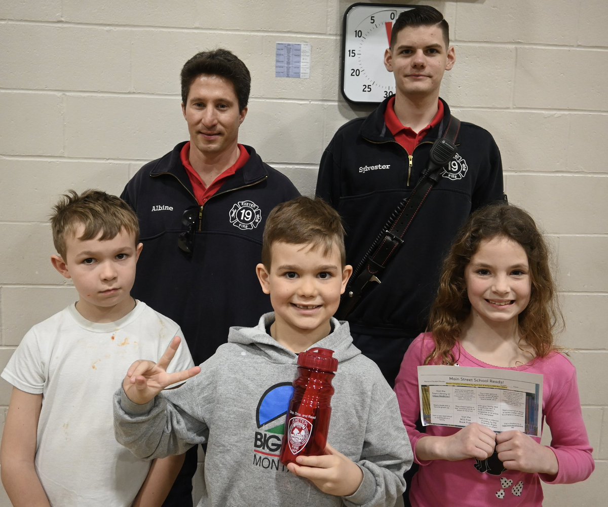 Things are heating up at Main Street School after our firefighters stopped by Friday at lunch to help kick off the “Stop, Drop and Read” program once again that will culminate with two second-graders getting a super cool ride to school in a fire truck. 📚 🚒 #NationalReadingMonth