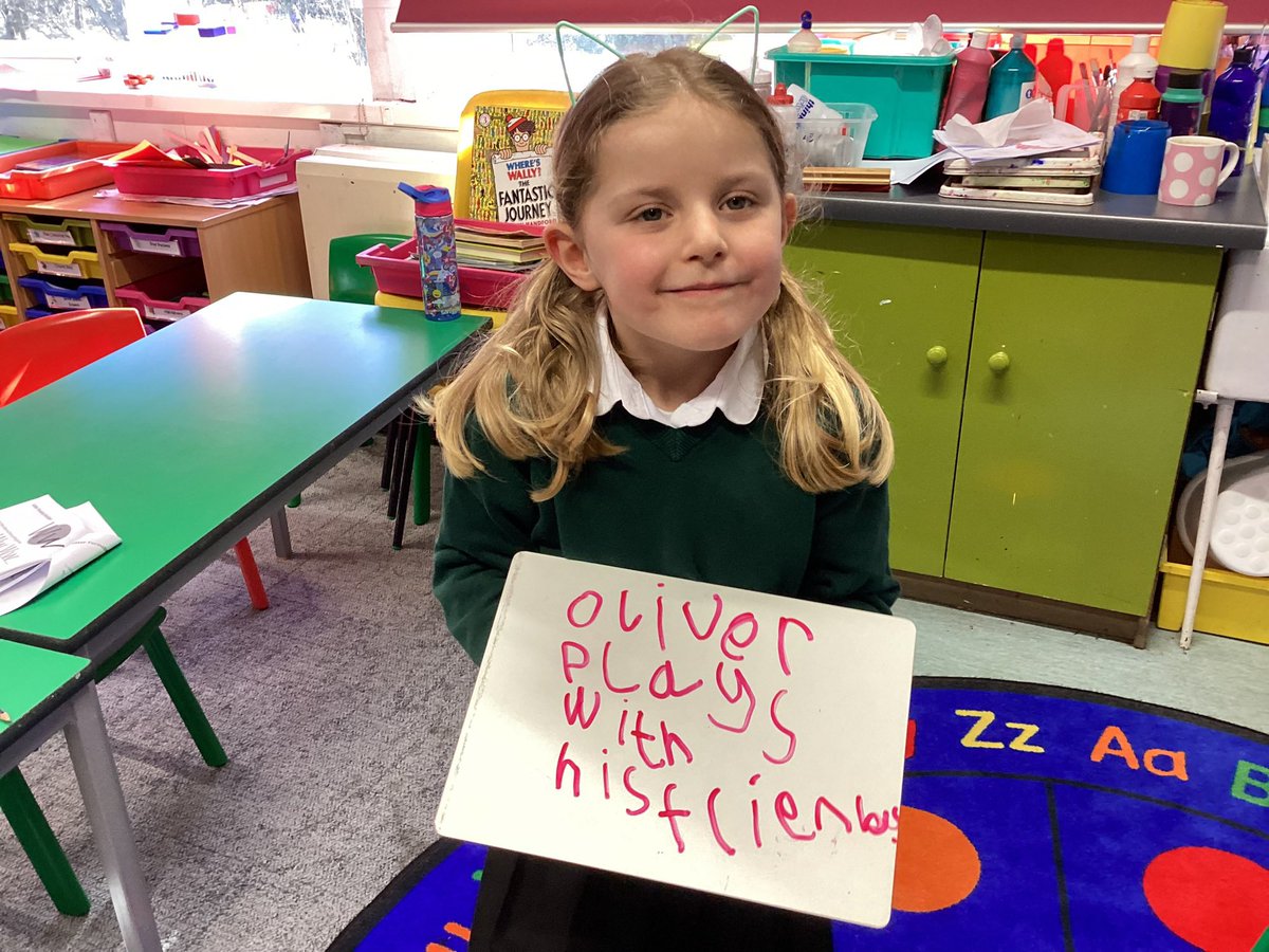 KinlochRannochP's tweet photo. Our P1&P2s have been having a go at writing sentences about each other. They used their phonics to spell each word&then we looked at which words are ‘tricky’&can’t be made using the sounds that we know. They did an amazing job! #earlywriting #writersinthemaking @LiteracyPKC1 https://t.co/wuOXaFuFrQ