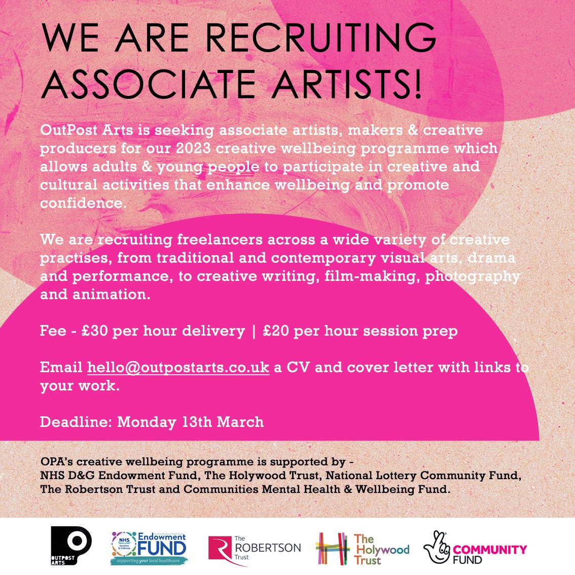 WE'RE RECRUITING!!

OPA is seeking associate artists, makers &amp; creative producers for our 2023 creative wellbeing programme which allows adults &amp; young people to participate in creative/cultural activities that enhance wellbeing and promote confidence.

👉hello@outpostarts.co.uk