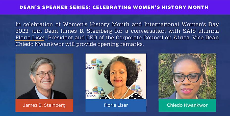 In celebration of Women's History Month and International Women's Day 2023, I am honored to be a speaker at my alma mater, Foreign Policy Institute, Johns Hopkins SAIS for their Dean's Speaker Series on March 8. For more information, visit bit.ly/3IURT4z