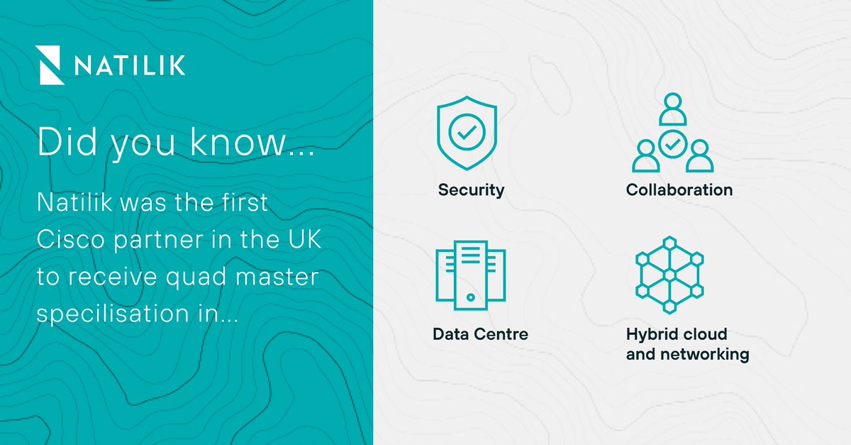 Did you know... Natilik was the first partner in the UK to be awarded <a href="/Cisco/">Cisco</a> Master specialisation in four areas: #Security, #Collaboration, #DataCentre and #HybridCloud and #Networking 🙌🥳

natilik.com/partners/cisco/