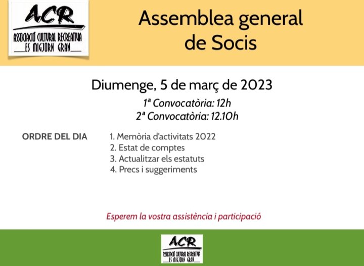 Diumenge, 5 de març a les 12h., al #local de l'<a href="/ACRMigjorn/">ACR Migjorn</a> Assemblea de socis.