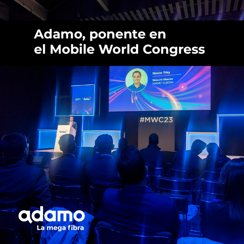 adamo_es's tweet photo. El #MWC23 y #fiberhome han dado la oportunidad a nuestro compañero Maxim Triay, Network Manager, de explicar cómo el despliegue de nuestra fibra ayuda a adoptar la tecnología 5G y lograr acabar con la  #brechadigital y la #desploblación, que afecta aún a muchas zonas.